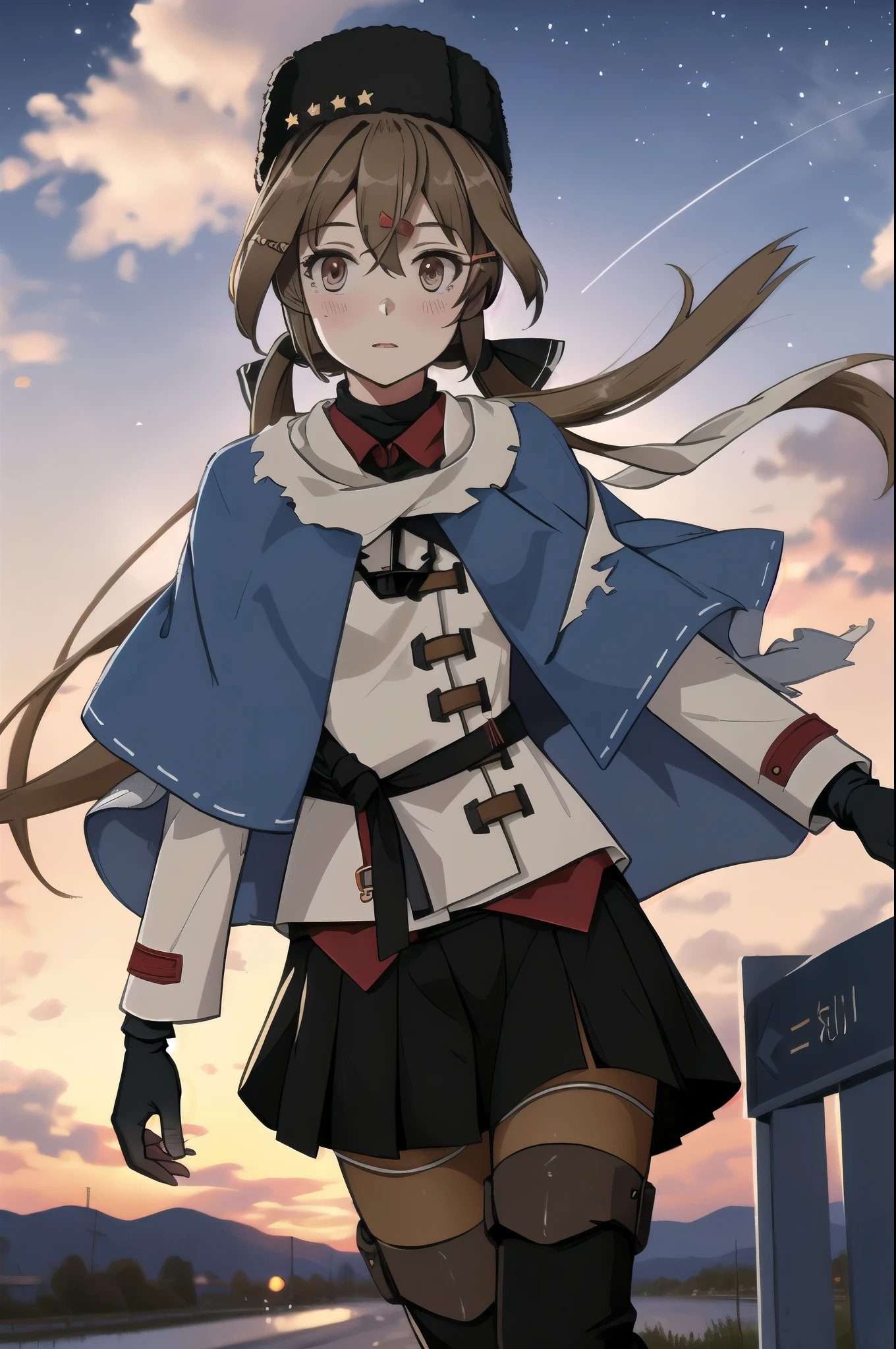 Tashkent \(Kantai Collection\), One girl, alone, skirt, fur Have, Papaka, Twin tails, Have, white Jacket, white scarf, black bow, thigh boots, black skirt, pantyhose, Jacket, scarf, Black Hat, boots, anchor necklace, fingerless gloves, gloves, shawl, red shirt, black gloves,  shirt, Black footwear, blue shawl, Knee socks, bow, star \(symbol\), Hair Clip, torn scarf, black belt, null, jewelry, untucked shirt, belt, necklace, Long sleeve, pleated skirt, Ribbon trim, anchor, blush, cloud, View your viewers, star \(null\), Outdoor, brown pantyhose, gradient null, Cowboy Shot, original, Intricate details, figure, masterpiece, Highly detailed CG Unity 8k wallpaper, highlight, whet, dynamic,