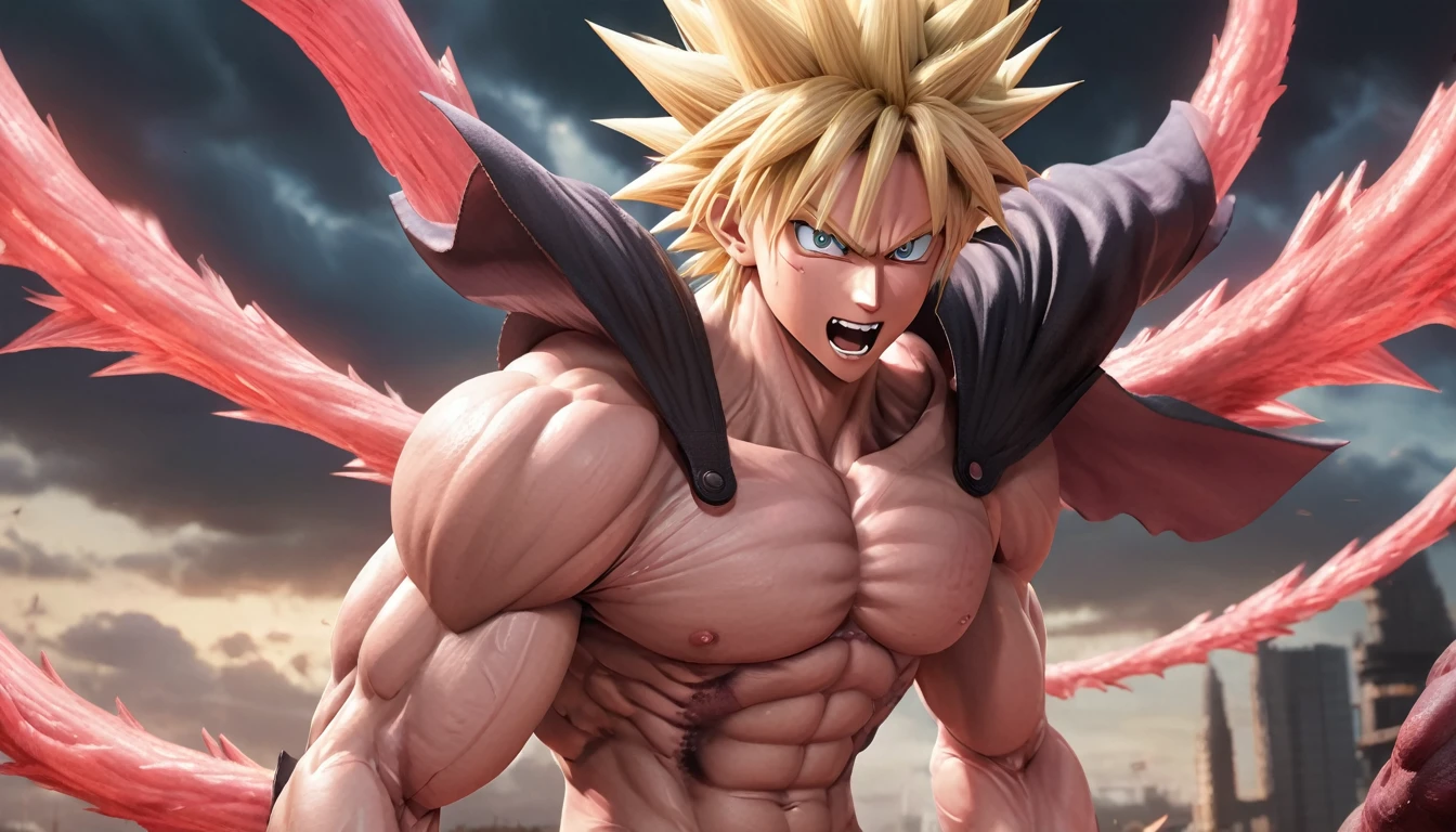 Full body image "(Highest quality, 8k, ultra-detailed, Realistic:1.2), Portraiture,, Muscular, Calm, Fearless smile, detailed, Blonde, strict, Intimidating, Powerful, Show off his strength", Brainwashed and possessed by Majin Buu,Controlled by an evil heart,Demon body and wings,(((Huge penis))),Very large muscles,Full body images,The lower half of the body is hairy like an animal.,nsfw,Drooling from a wide open mouth,sex,2boy~4boy,Blood vessels throughout the body,Cloud Strife and Son Goku two-shot,