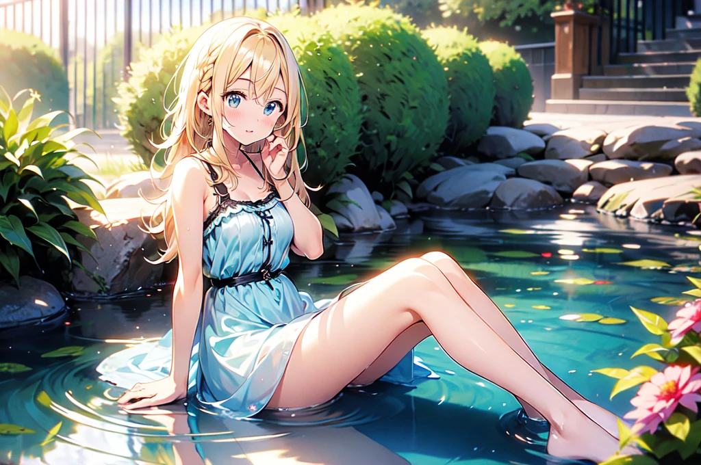 (8k, Highest quality, masterpiece:1.2, Browsing Caution),cute,cute女の子,mesugaki, Beautiful Face,Beautiful Eyes,Beautiful Hair,Blonde, See-through night dress, Orgasm Expression,Toe cramps,Genital spasms,Upper eyelid adduction,Open your mouth wide and scream,Wet Skin,Lots of flowers,