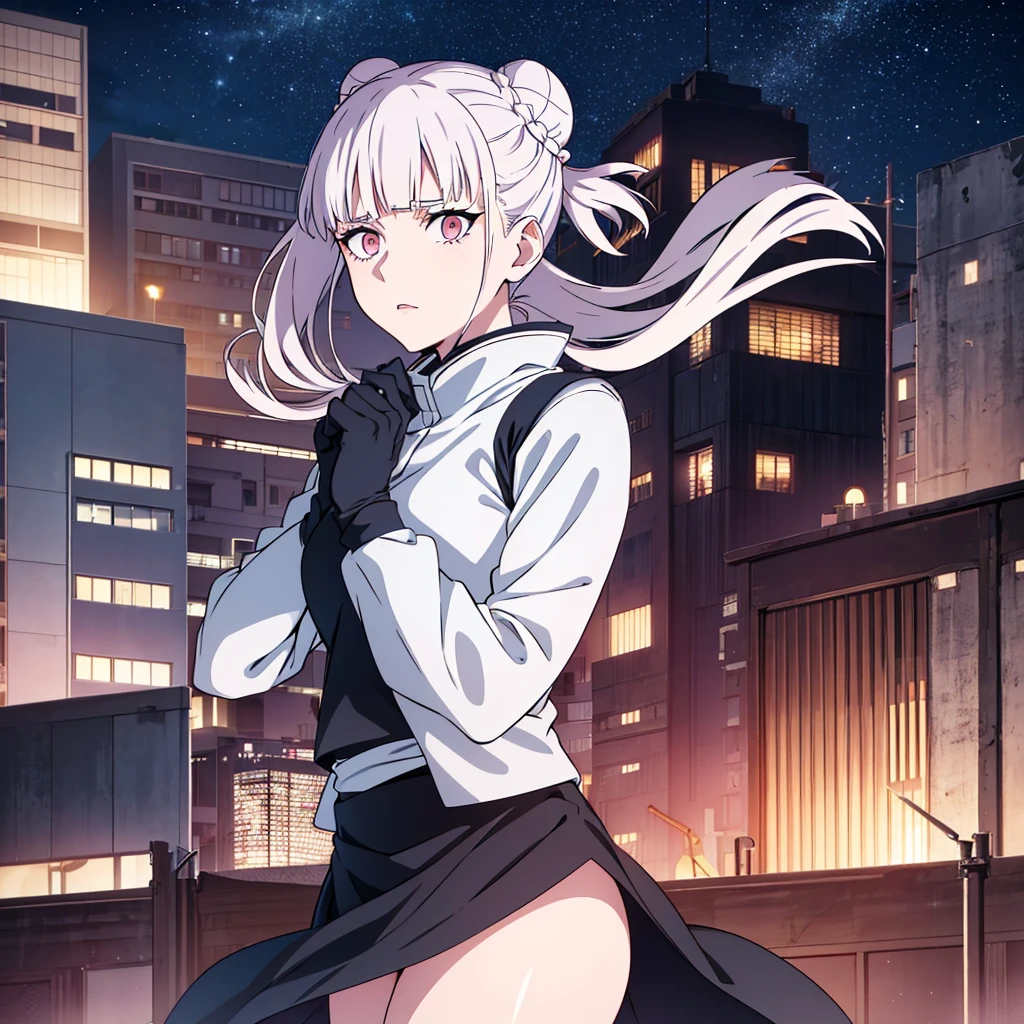 Jujutsu Kaisen panel: A white girl, white eyes without pupils, thin almond-shaped eyes, long black hair, bardot bangs, high bun, dark blue Jujutsu Kaisen uniform, pink lower lip, on top of a building, holding deadly fans, at night, few stars, alone