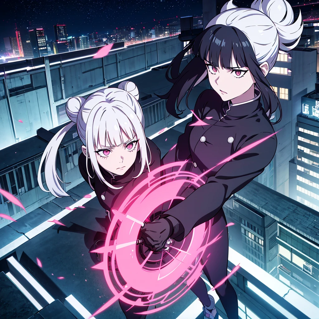 Jujutsu Kaisen panel: A white girl, white eyes without pupils, thin almond-shaped eyes, long black hair, bardot bangs, high bun, dark blue Jujutsu Kaisen uniform, pink lower lip, on top of a building, holding deadly fans, at night, few stars, alone