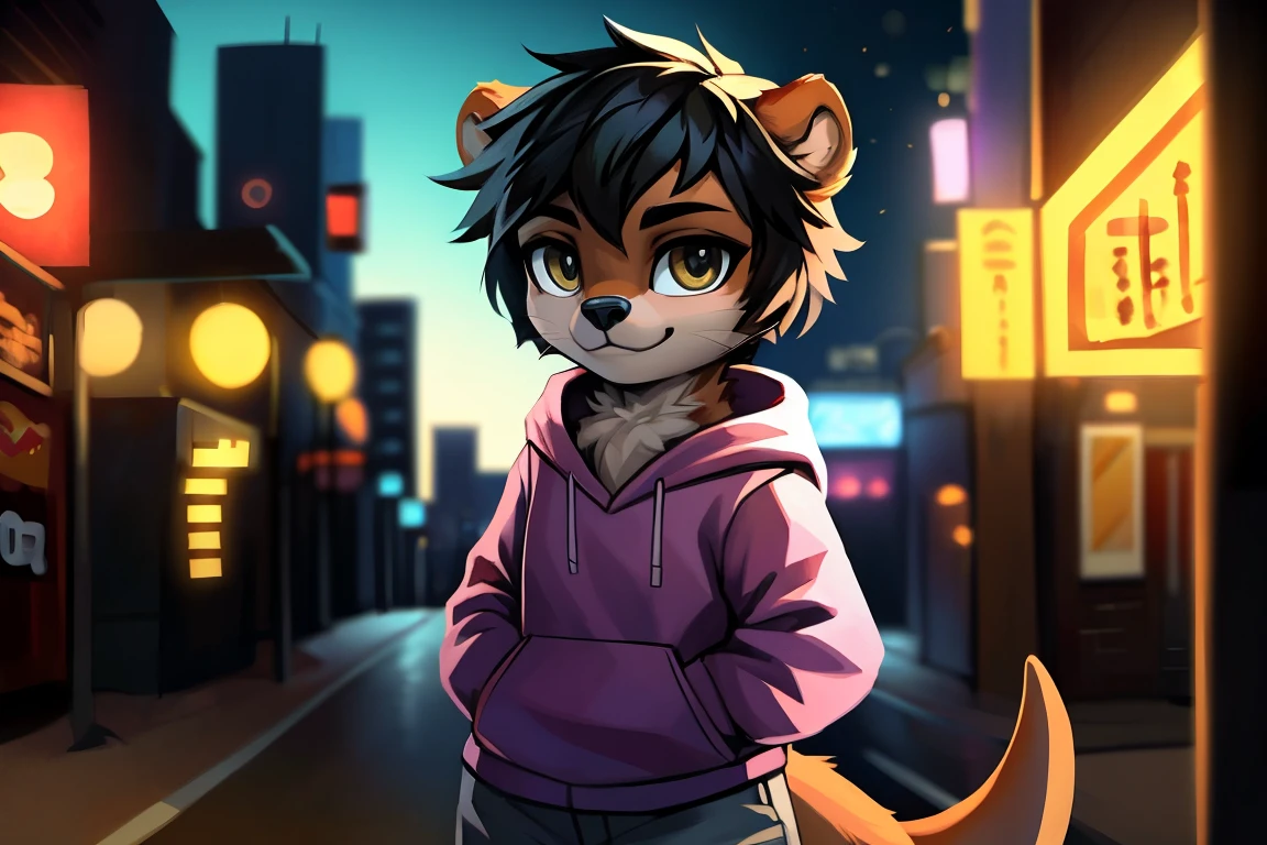 ((otter)), solo, nude, light brown fur, ((hazel eyes)), short hair, (black hair), light pink hoodie, light grey pants, standing, city background, skyscrapers, street, sidewalk, looking at viewer, (up close). Very good figure, best quality, highres, 16k, Natural soft light, Tyndall effect, Advanced film lighting, Unreal Engine5, Extremely realistic, A high resolution, perfect masterpiece, high quality, high resolution