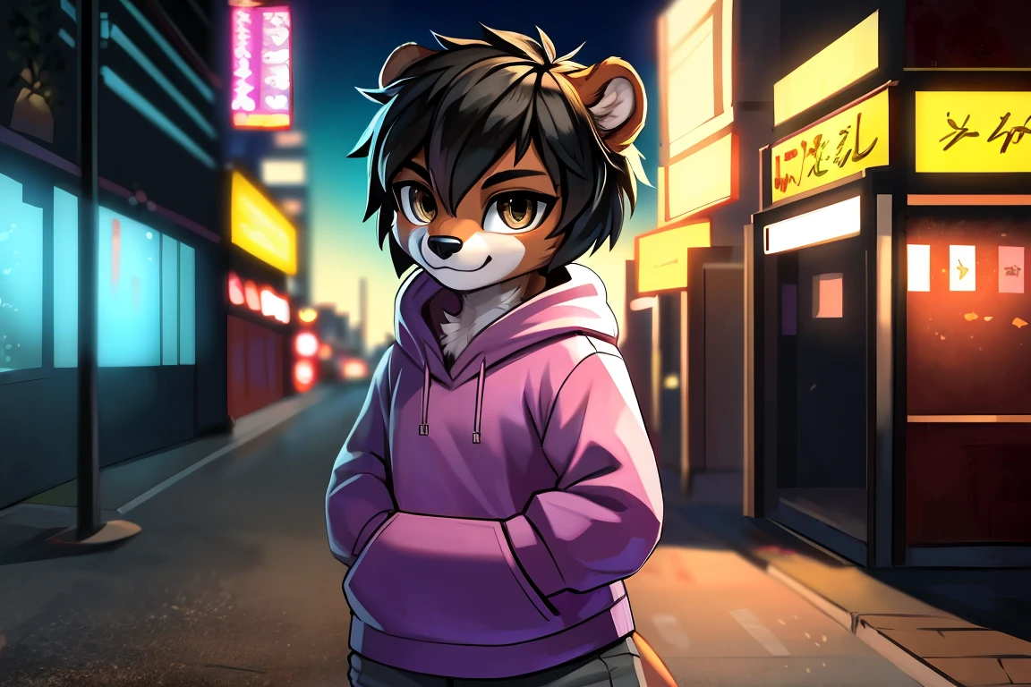 ((otter)), solo, nude, light brown fur, ((hazel eyes)), short hair, (black hair), light pink hoodie, light grey pants, standing, city background, skyscrapers, street, sidewalk, looking at viewer, (up close). Very good figure, best quality, highres, 16k, Natural soft light, Tyndall effect, Advanced film lighting, Unreal Engine5, Extremely realistic, A high resolution, perfect masterpiece, high quality, high resolution