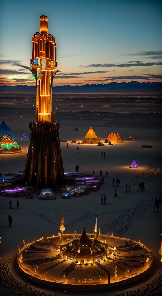Tents and tepees in the desert illuminated at night, Burning man nevada, Burning man, The glittering temple in the distance, Absolutely outstanding image, Unsplash contest winning photos, Detailed wide angle shot, festival. Night scenery, Panorama, Award-winning color photos, style blend of Burning man, stunning atmosphere, warm glow from the lights