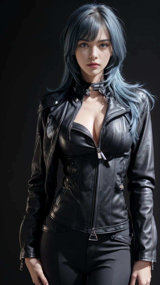 8K, Top Quality, Intricate Details, Ultra Detail, Ultra High Resolution, Masterpiece, close up shot, (full body: 1.1), (()), Slender, Smile, (Makeup: 0.4), ), (Fluffy Eyes: 1.21), (((( )))), 1girl, solo, 1 girl, ((blue hair, (long hair), (bangs), bangs,, , blue eyes,)), close up shot, , ((tall)), (((fit body))), (((slim face))), sharp face, (((((, Leather jacket with zipper fully open, Super low rise pants:1.5, Pants that fit the hips:1.5,Low Waist Pants, Unzipping pants:1.6),(Open the bottom zipper:1.5), (pull your pants down a little))) ,)), (detailed face), sharp face, small lips, (( )), walking pose, walk pose, wind blow, strong wind, wind blow hair, wind blow cape,
((,)), , ((,)), detailed face, detailed breast, , ((large breast, huge breast)), detail ass, Narrow Waist, Skinny, slim tall , 195 cm tall, Muscular, Navel, Exposed Abdomen, Pointed Chest,, Beautiful girl with accentuated slender abs: 1.4, Six Pack Abs: 1.4, Bust Botox, Big, Perfect Body, detail leg, (( dark background)), black background,