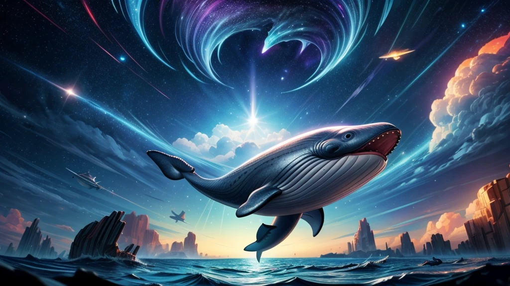 a whale flying through space, girl riding on whale's back, dramatic cinematic lighting, vibrant colors, masterpiece, 8k, photorealistic, digital painting, ultra-detailed, sharp focus, physically-based rendering, vivid colors, professional