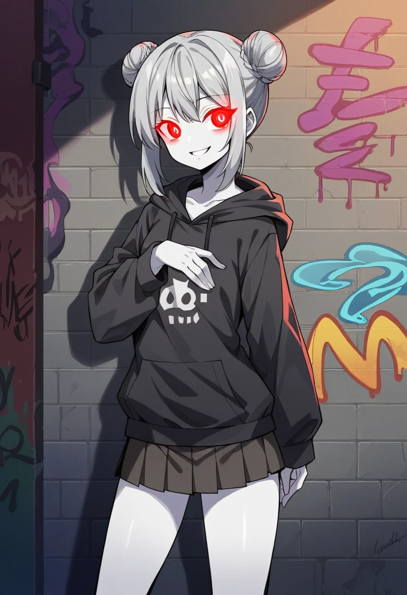 Detailed Background, masterpiece, Highest quality, Full Art,smile,One Girl , girl(Medium straight hair, Twisted corners, White skin,Gray Hair, twin bun,mini skirt, Red eyes, 不気味なsmile, hoodie),Character portrait, Neon street alley, graffiti, dark, night, Glowing Eyes, Black light