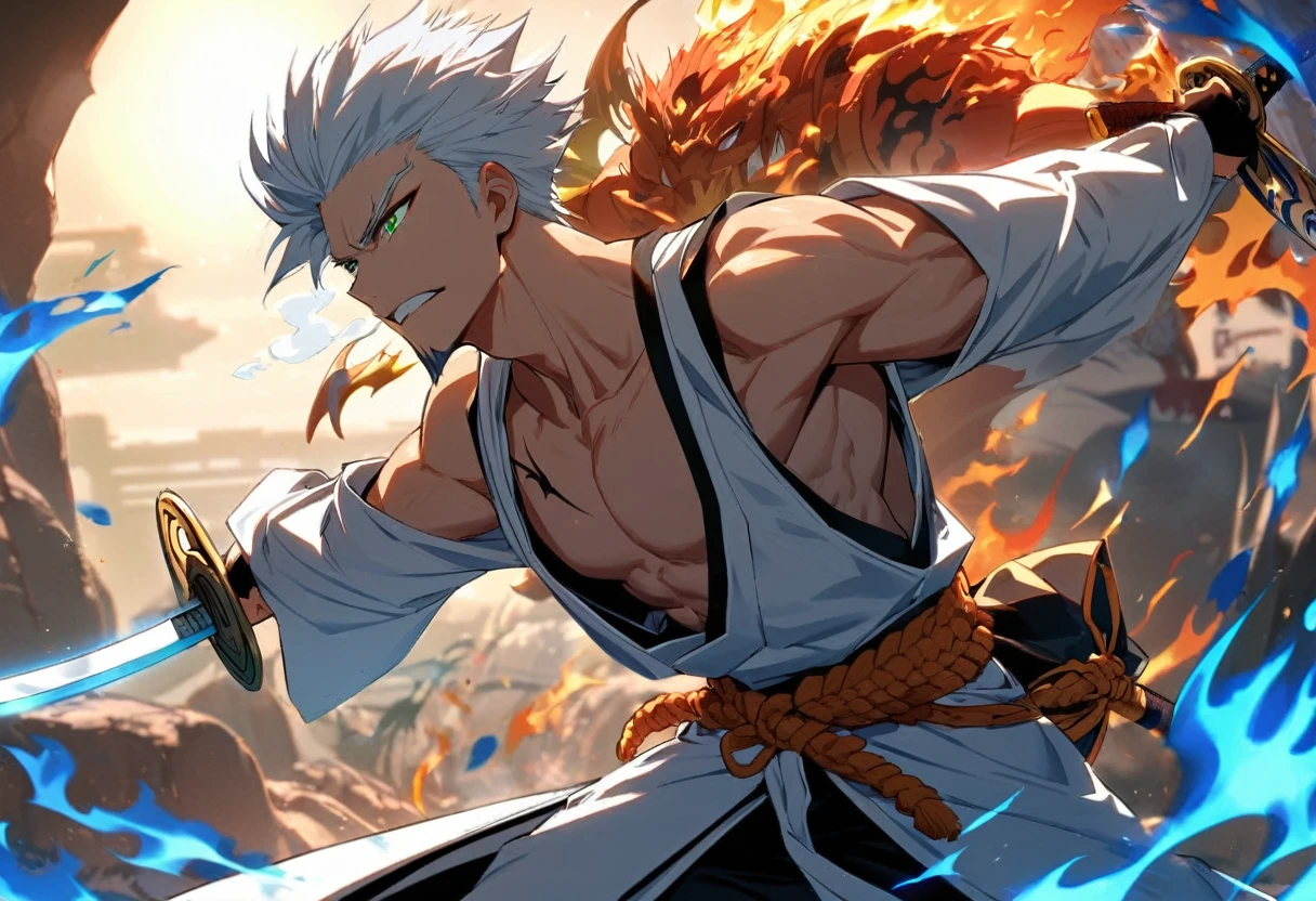 ung boy, details Intricate, 1 men, bonitas, spiky white hair, vibrant green eyes, slim muscles, アニメ, 19yearsold, 19 years, a small goatee, kimono de Shinigami, Shinigami, bleach, Tank top, kimono, bleach, katana ( uma katana afiada e longa coberta por Blue flames) , blue flames, Blue flames, katana longa, powerful katana (attacking enemies with your katana making cuts with your flames, Breath of the Sun).