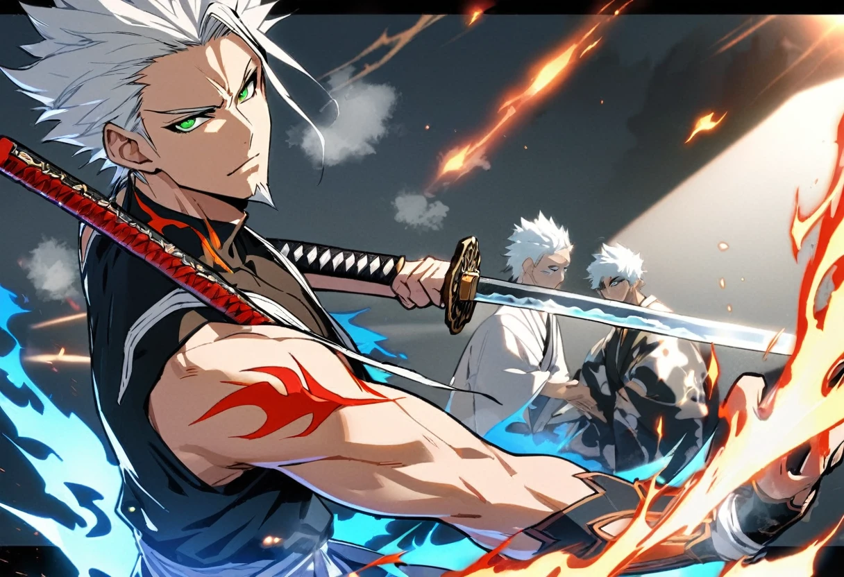 ung boy, details Intricate, 1 men, bonitas, spiky white hair, vibrant green eyes, slim muscles, アニメ, 19yearsold, 19 years, a small goatee, kimono de Shinigami, Shinigami, bleach, Tank top, kimono, bleach, katana ( uma katana afiada e longa coberta por Blue flames) , blue flames, Blue flames, katana longa, powerful katana (attacking enemies with your katana making cuts with your flames, Breath of the Sun).