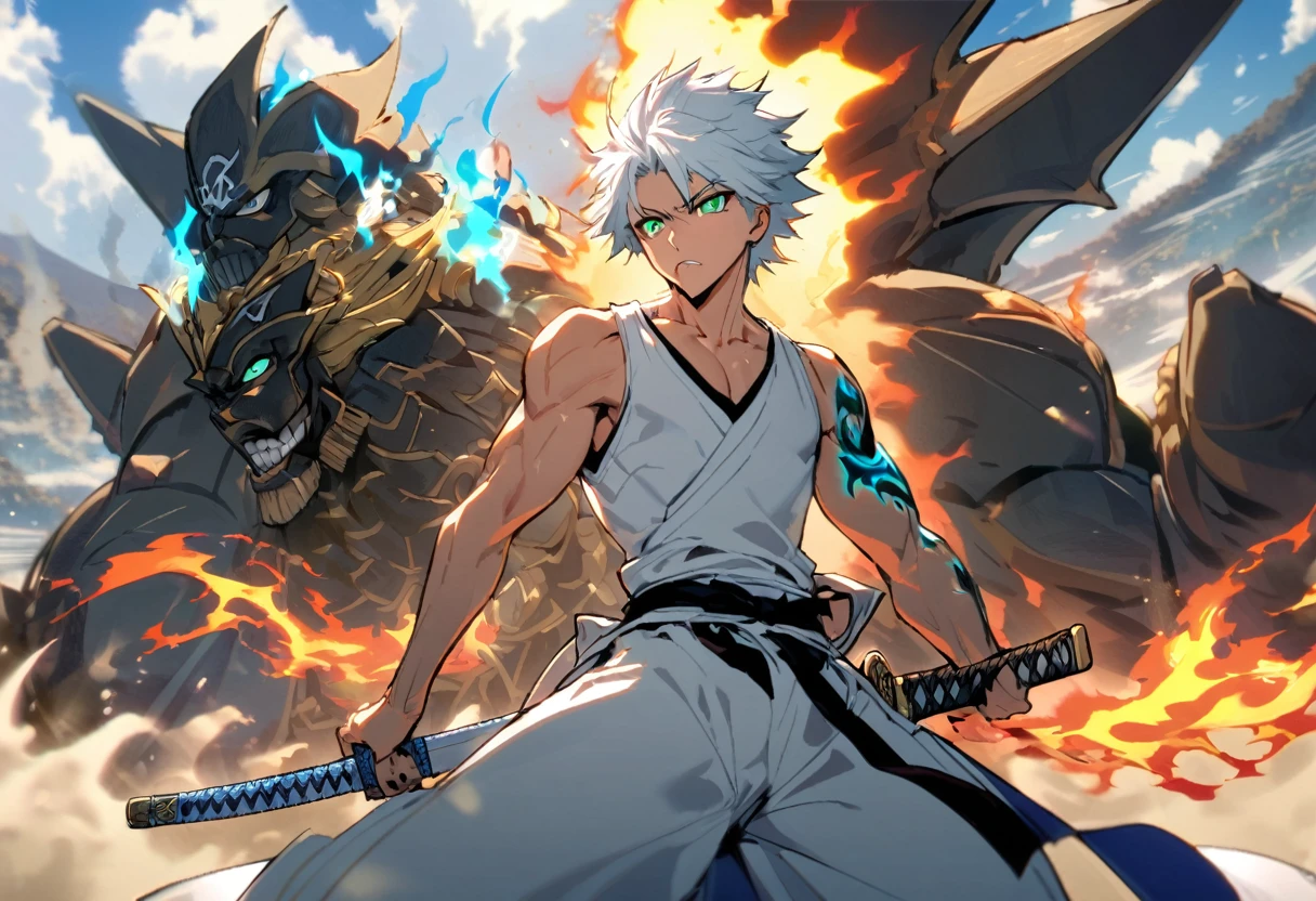 1 young boy, details Intricate, 1 men, bonitas, spiky white hair, vibrant green eyes, slim muscles, アニメ, 19yearsold, 19 years, a small goatee, kimono de Shinigami, Shinigami, bleach, Tank top, kimono, bleach, katana ( uma katana afiada e longa coberta por Blue flames) , blue flames, Blue flames, katana longa, powerful katana (attacking enemies with your katana making cuts with your flames, Breath of the Sun).