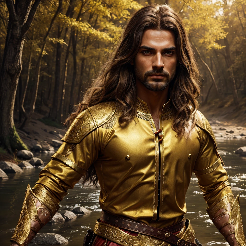 man with golden sword, river, trees, animals, detailed face, detailed eyes, detailed lips, golden hairs, saffron outfit, photorealistic, hyper detailed, 8k, best quality, masterpiece, cinematic lighting, dramatic lighting, vibrant colors, fantasy, digital art