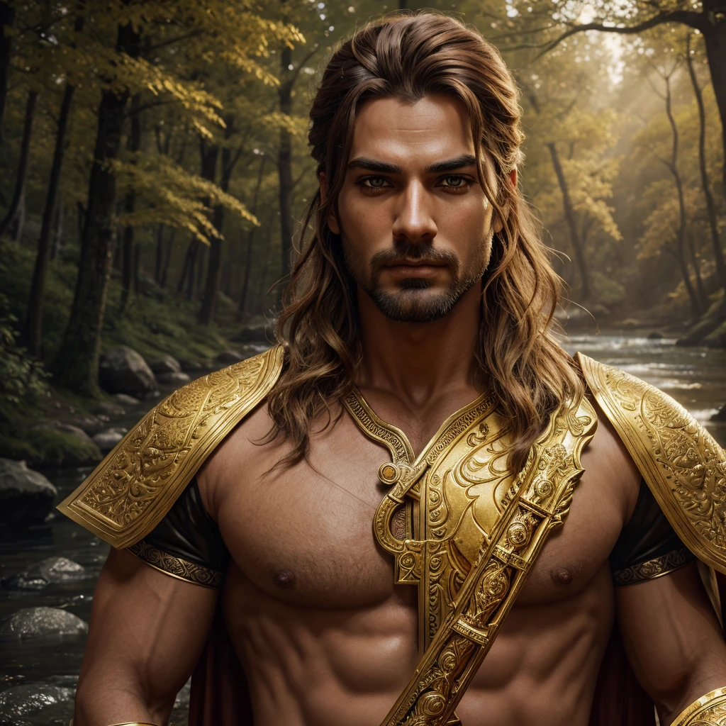 man with golden sword, river, trees, animals, detailed face, detailed eyes, detailed lips, golden hairs, saffron outfit, photorealistic, hyper detailed, 8k, best quality, masterpiece, cinematic lighting, dramatic lighting, vibrant colors, fantasy, digital art