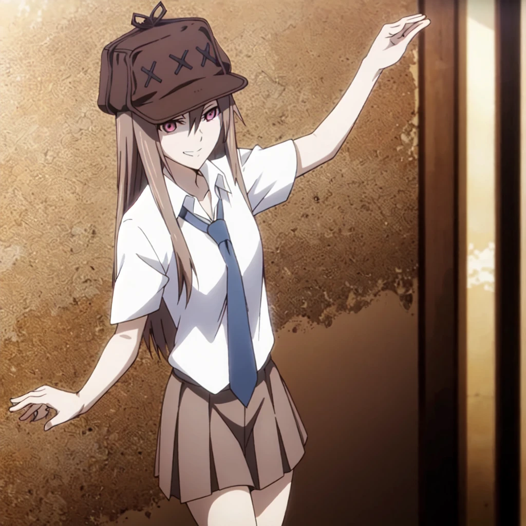 masterpiece,high quality,ultra high definition,solo,
looking at viewer,smile,
Chinatsu,1girl,
long hair,brown hair,pink eyes,pale skin,
brown headwear,
,necktie,collared shirt,short sleeves,
pleated skirt,
walking,