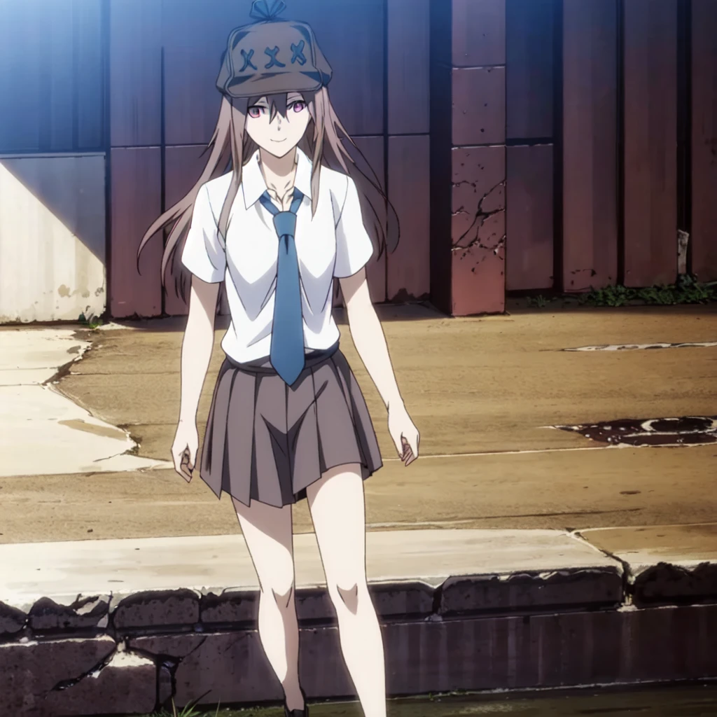 masterpiece,high quality,ultra high definition,solo,
looking at viewer,smile,
Chinatsu,1girl,
long hair,brown hair,pink eyes,pale skin,
brown headwear,
,necktie,collared shirt,short sleeves,
pleated skirt,
walking,