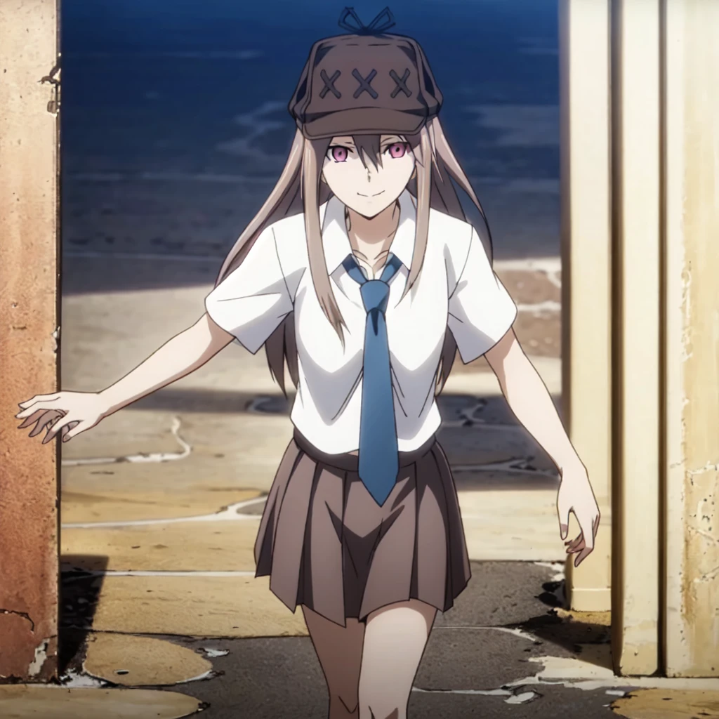 masterpiece,high quality,ultra high definition,solo,
looking at viewer,smile,
Chinatsu,1girl,
long hair,brown hair,pink eyes,pale skin,
brown headwear,
,necktie,collared shirt,short sleeves,
pleated skirt,
walking,