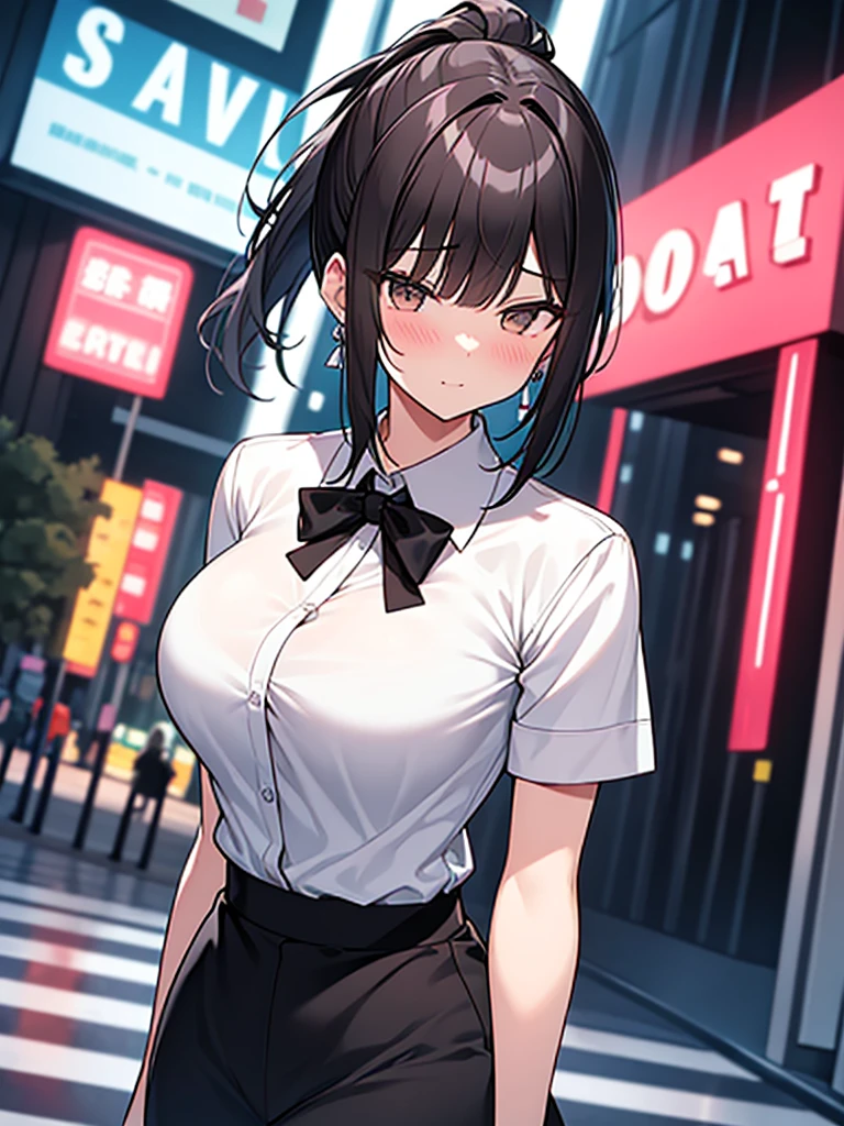Big breasts No tie Open chest Confused Blushing Ponytail Confused Tall woman:1.9 Cowboy shot Night hotel district In front of a love hotel Neon sign Standing White collared shirt, short sleeves Black skirt Short black hair Ponytail:2.4 Straight hair Hair tie Sweep bangs to the side:1.9. Slanted eyes, brown eyes, tall, strong-willed, beautiful