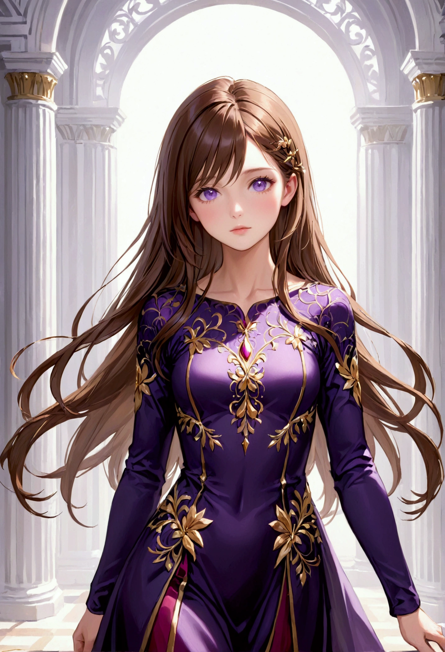 Adult female,long brown hair, purple eyes