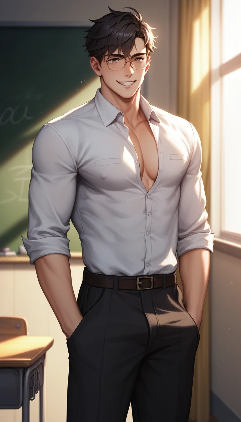 best quality, masterpiece, extremely detailed, handsome athletic young man, skinny build, messy red curtain bangs, thick-rimmed glasses, fitted college uniform, standing in front of classroom, empty blackboard in the background, tilts head adorably, very innocent smile, gay, homoerotic, romantic atmosphere, ambient lighting, extremely dramatic shadows, perfection, no watermark, no logo, no signature
