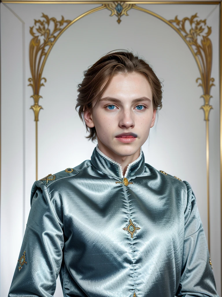 Portrait of Christopher Marlowe, white skin, piercing icy blue eyes, silky golden-brown hair, refined features, charp jawline, clean shaved, black Elizabethan velvet jerkin, embroidered velvet doublet, white laced shirt, art deco style, Alphonse Mucha style, high quality