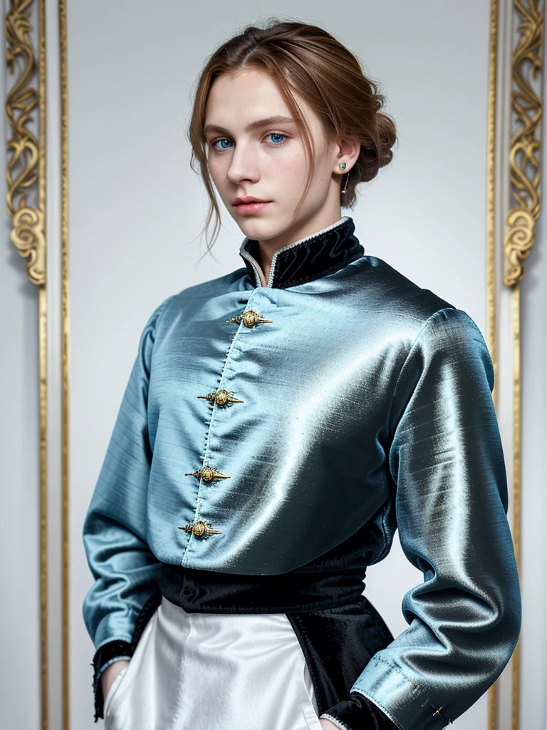 Portrait of Christopher Marlowe, white skin, piercing icy blue eyes, silky golden-brown hair, refined features, charp jawline, clean shaved, black Elizabethan velvet jerkin, embroidered velvet doublet, white laced shirt, art deco style, Alphonse Mucha style, high quality