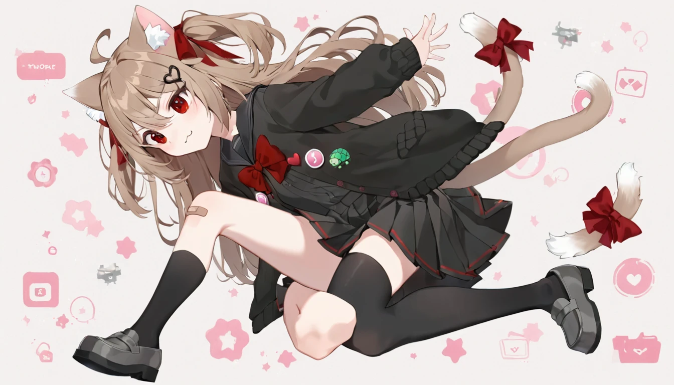 1girl, evil neuro-sama, red eyes, light brown hair, ahoge, two side up, hair ribbon, dark red ribbon, heart hair ornament, black cardigan, open cardigan, black sailor collar, long sleeves, red bow, heart, button badge, star \(symbol\), drone, the number "1" on a badge, turtle, black skirt, pleated skirt, asymmetrical legwear, black thighhighs, black kneehighs, bandaid on knee, grey footwear, loafers,cat ears, cat tail, tail bow, :3,