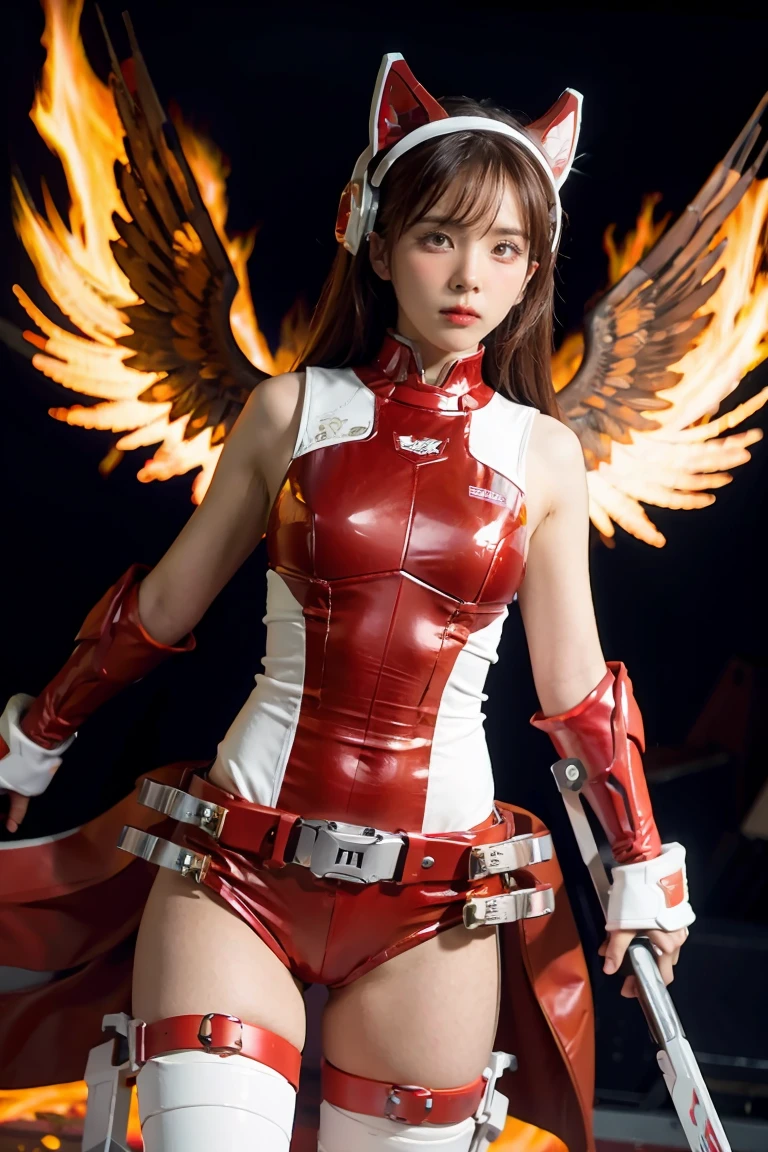 1girl, Absurd resolution, high resolution, (masterpiece: 1.4), hyper-detail, a mech, red armor with red wings, floating flight in the sky (1.8) background is wild, fire, full bodysuit, 