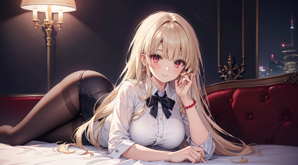 Highest quality, masterpiece, figure, wallpaper,One girl,White shirt, Light Hair, Beautiful detailed girl, Highly detailed eyes and face, Beautiful attention to detail, Shine,Browsing Caution, View your viewers, bed, night, Black Pantyhose, Straight hair, Red Eyes, long hair,Blonde, thick_Thighs, , Red eyes,Sitting,beautiful finger, clear background, deep night, Lying down、smile、Big earrings、bracelet