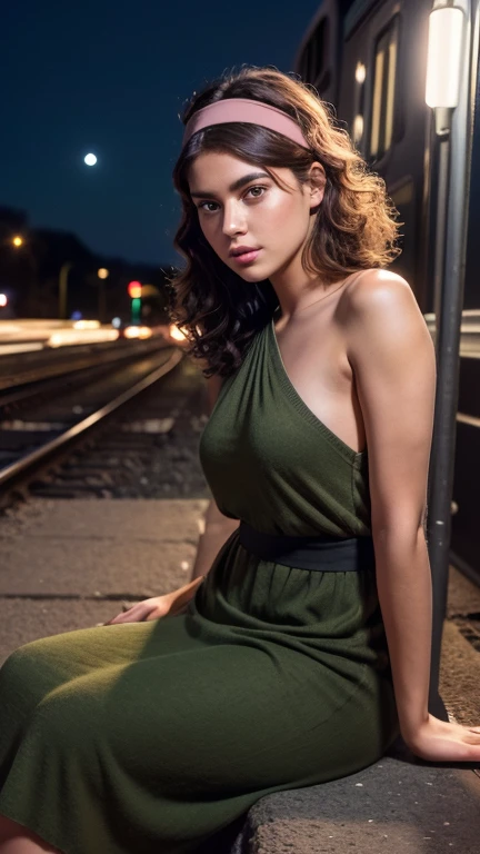 Masterpiece, 20 year old woman, full body, he highest quality, big pink eyes,proportionate lips, Colorful cinematic lighting, brown Cashmere Dress bare shoulders, with overflow [green|rose] Short curly hair, (wearing a black headband), (Perfect face:1.1), sitting Train tracks, at night, moon, moonlight, romantic, HDR, Very detailed, 8k, Hyper realistic, shot at eye level, Cinestill 800