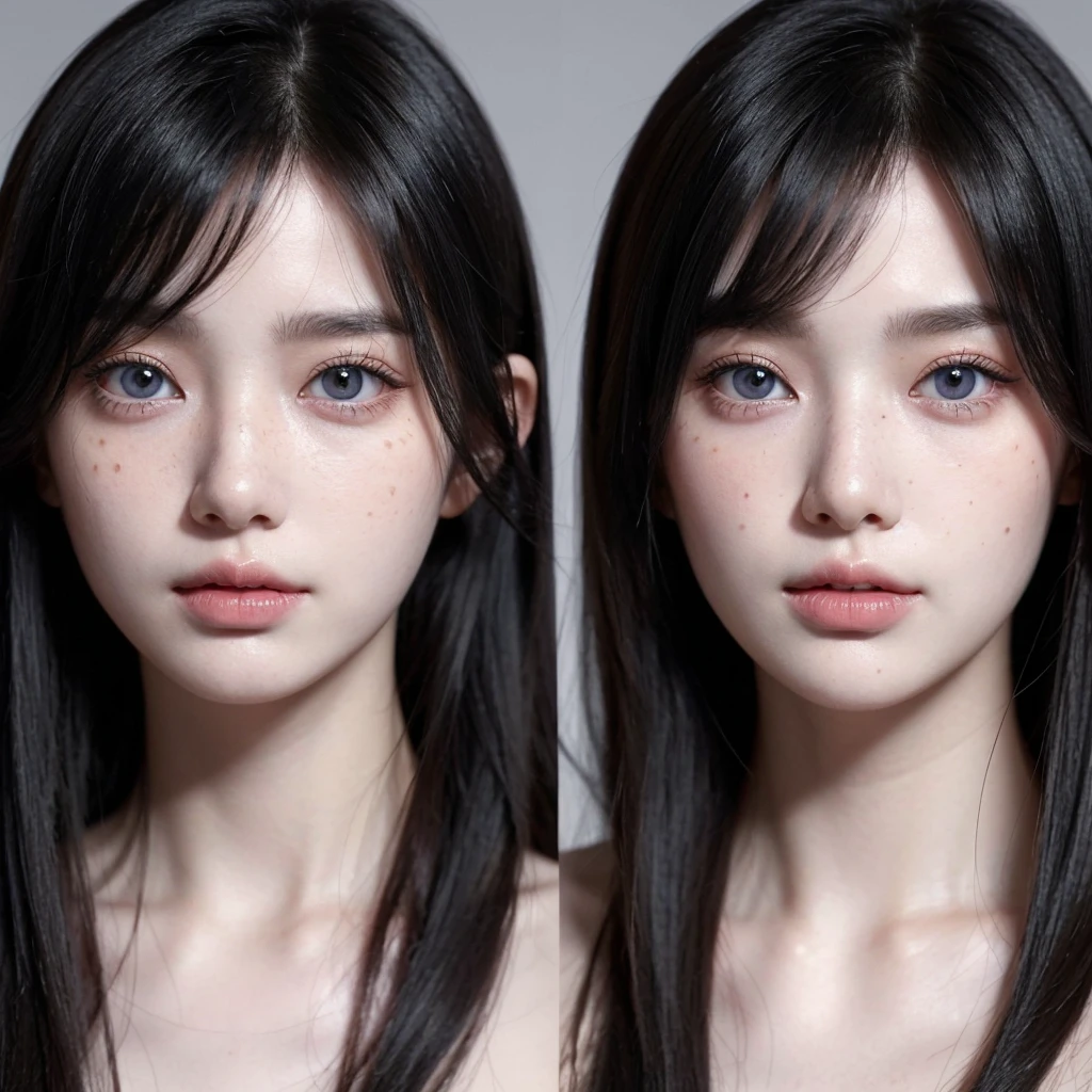 A closeup of a woman with long black hair, grayish blue eyes, thin face, pale skin pastel pink, South Korean popular makeup, freckles on the cheeks 