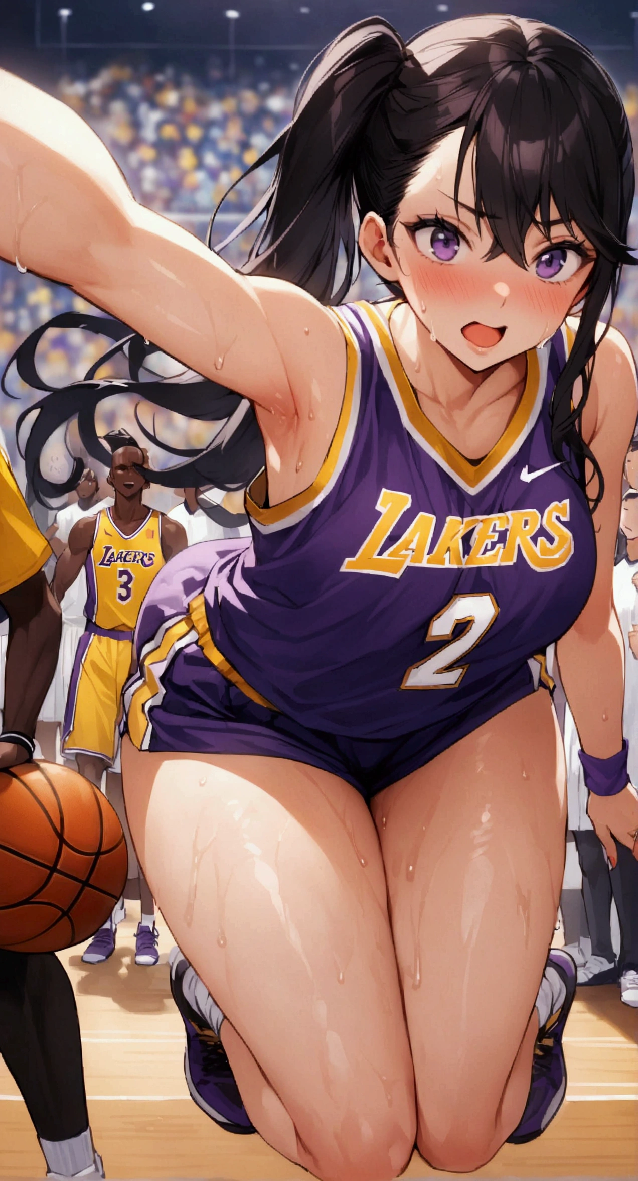 One woman、beautiful girl、high school girl、basketball、Basketball uniform、Lakers uniform、Wristband、Side Ponytail、Long Hair、Basketball Stadium、Take a jump shot、The stands are packed、Highest quality, Thick thighs、Big Ass、Black Hair、Sweaty body、Number 14、Take the shot、Her uniform flips up and her bra is visible、Black bra、The opposing team is on defense、Leaning forward、dribble、Blocked、Surrounded by black players、Women are groped by black athletes