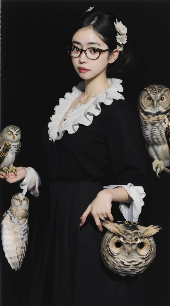 a girl with glasses, Realistic girl face, surrounded by many owls, baroque, anime aesthetic, giant owl, owl fills the image, black background, fish eye shot,artistic conception scene,estilo yuko shimizu, Emily came with her husband., marca catesby