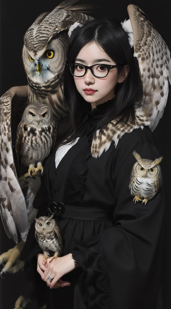 a girl with glasses, Realistic girl face, surrounded by many owls, baroque, anime aesthetic, giant owl, owl fills the image, black background, fish eye shot,artistic conception scene,estilo yuko shimizu, Emily came with her husband., marca catesby