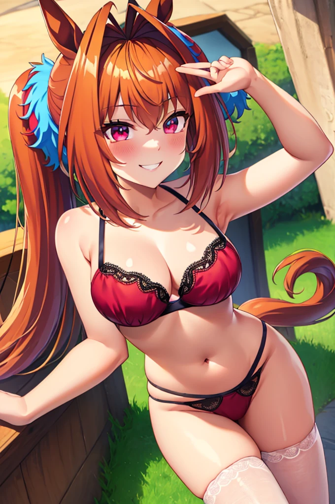 Daiwa Scarlet\(umamusume\), Highly detailed face, masterpiece, Highest quality, A light smile, blush, wave hands, ((Highly detailed face)), whole body, (((In underwearで))),Horse tail, A light smile, Beautiful and clear eyes, (panties), (bra), (In underwear), (Flashy underwear), (lingerie), Big Breasts