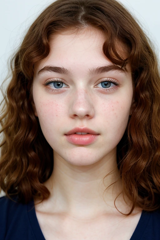 Teenage woman representing spring. Curly, auburn hair that reaches below the waist. Luminously pale face. deep blue eyes. Eyebrows and eyelashes of the same hair color. nose (fine and thin), marbled chin and neck. fleshy mouth, fresh and plump like a raspberry, with a fold in the lower lip.