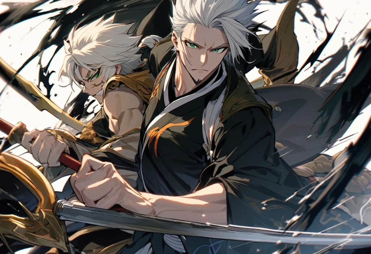 1 young boy, male focus, details Intricate, 1 men, bonitas, White hair, vibrant green eyes, slim muscles, アニメ, 19yearsold, 19 years, a small goatee, kimono de Shinigami, Shinigami, bleach style, bleach, regatta, kimono, bleach, bleach style, sickle ( uma sickle de tamanho mediano poderosa e afiada), sickle (fazendo cortes com a sickle saindo chamas pretas) chamapretass,Black flames, (o personagem esta em pé fazendo ataques com sua sickle mediana, using black fire attacks) .