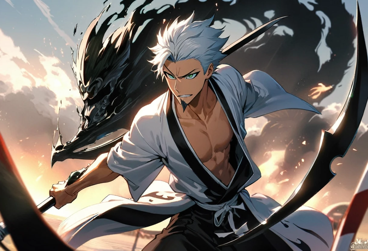 1 young boy, male focus, details Intricate, 1 men, bonitas, White hair, vibrant green eyes, slim muscles, アニメ, 19yearsold, 19 years, a small goatee, kimono de Shinigami, Shinigami, bleach style, bleach, regatta, kimono, bleach, bleach style, sickle ( uma sickle de tamanho mediano poderosa e afiada), sickle (fazendo cortes com a sickle saindo chamas pretas) chamapretass,Black flames, (o personagem esta em pé fazendo ataques com sua sickle mediana, using black fire attacks) .