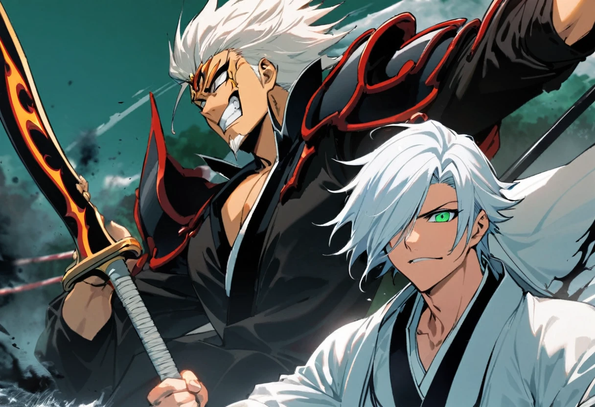 1 young boy, male focus, details Intricate, 1 men, bonitas, White hair, vibrant green eyes, slim muscles, アニメ, 19yearsold, 19 years, a small goatee, kimono de Shinigami, Shinigami, bleach style, bleach, regatta, kimono, bleach, bleach style, sickle ( uma sickle de tamanho mediano poderosa e afiada), sickle (fazendo cortes com a sickle saindo chamas pretas) chamapretass,Black flames, (o personagem esta em pé fazendo ataques com sua sickle mediana, using black fire attacks) .