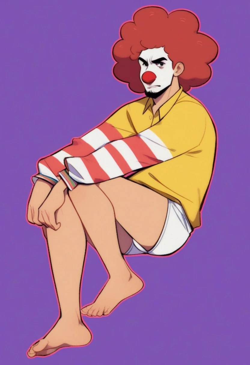 ronald_mcdonald, solo, simple background, shirt, long sleeves, 1boy, full body, male focus, red hair, striped, collared shirt, purple background, yellow shirt with red outline on center and Mcodnqlds logo on the lef, afro, clown, angry expression, red nose, facial hair, face paint, red and white striped sleeves,   fat, white underwear, no pants