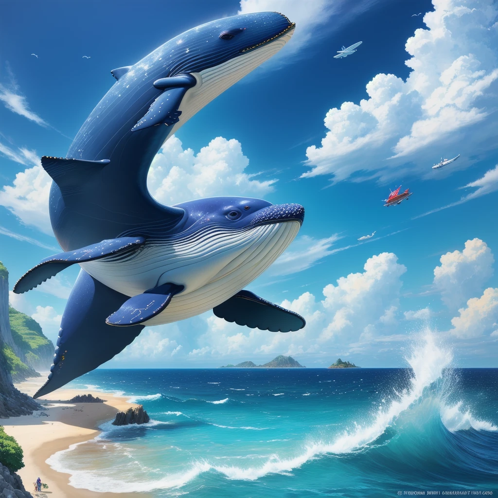 Masterpiece, ultra detailed, beautiful,Super Saturation, anime style, arcadia , flying whale, summer ocean