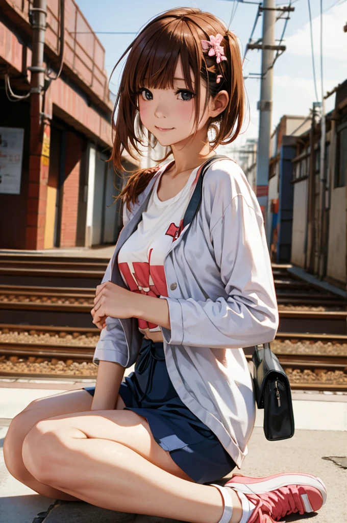 A woman is sitting on the railroad tracks with a bottle of water, Photo of Miwa Komatsu, Flicker, What it is？, kimi takemura, Young Gravure Idol, Yasumoto Oka, Young and cute gravure idol, Chiho, Young and skinny gravure idol, realistic Young Gravure Idol, My motto is Teshirogi, harumi