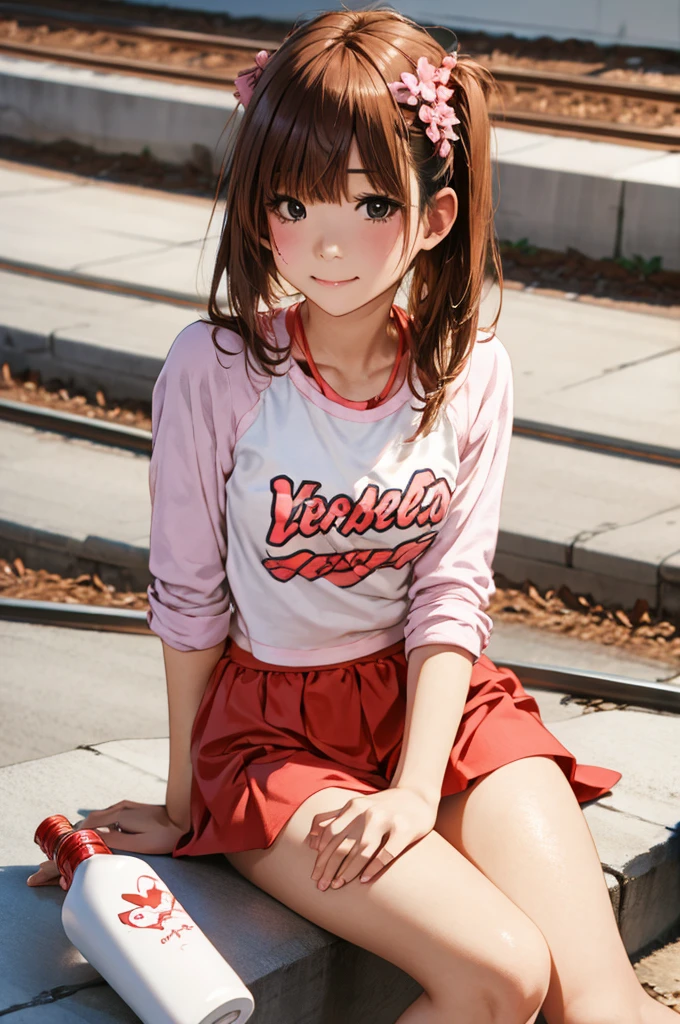 A woman is sitting on the railroad tracks with a bottle of water, Photo of Miwa Komatsu, Flicker, What it is？, kimi takemura, Young Gravure Idol, Yasumoto Oka, Young and cute gravure idol, Chiho, Young and skinny gravure idol, realistic Young Gravure Idol, My motto is Teshirogi, harumi