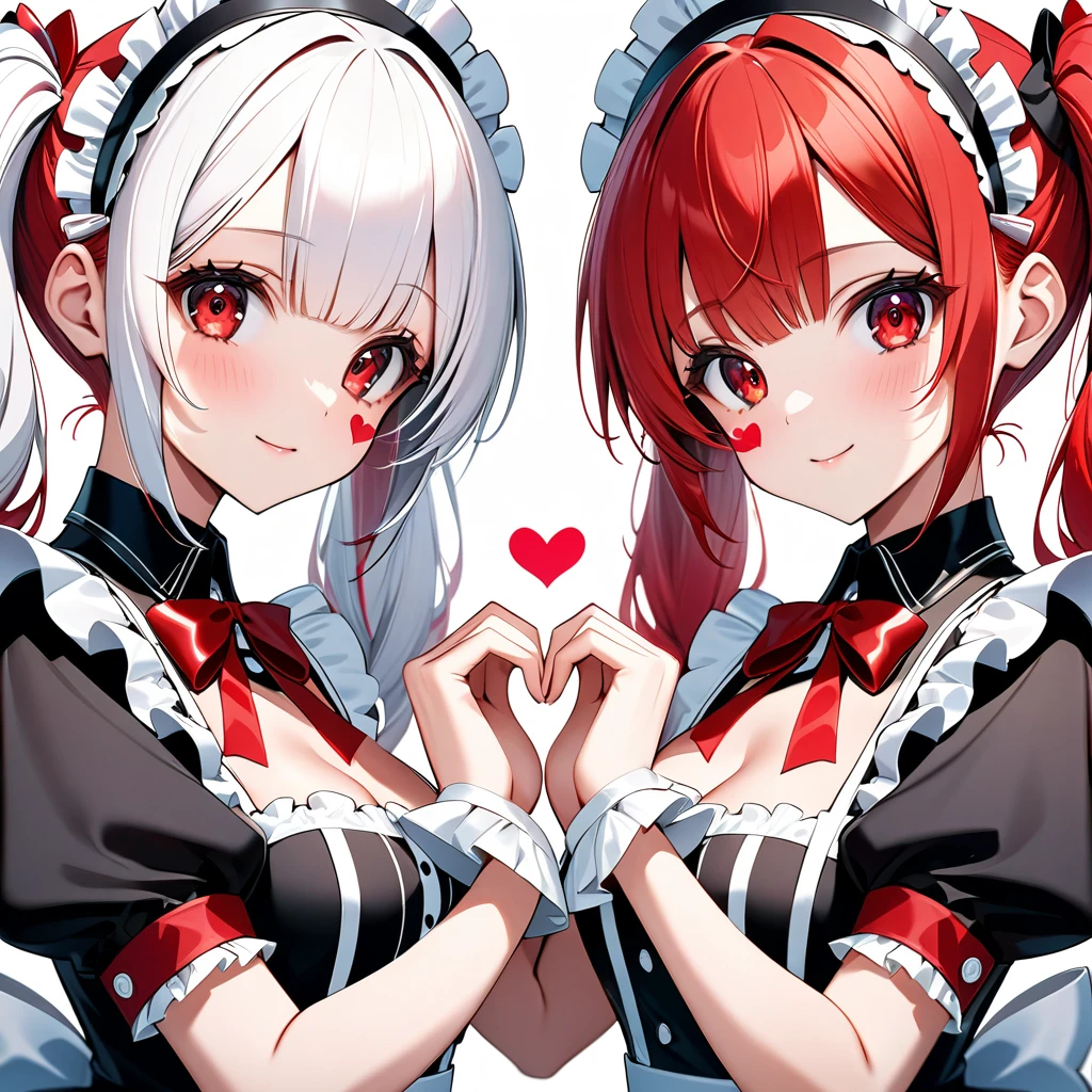 High quality, high definition, hig
h precision images,8k 2girl Robot Girl、red hair,Twin tails,Red eyes.(robot style red and white barrette)、colorful maid Cafe, ((White and red luxurious frilled maid outfit,))Two people make a heart mark with their hands,Close-up