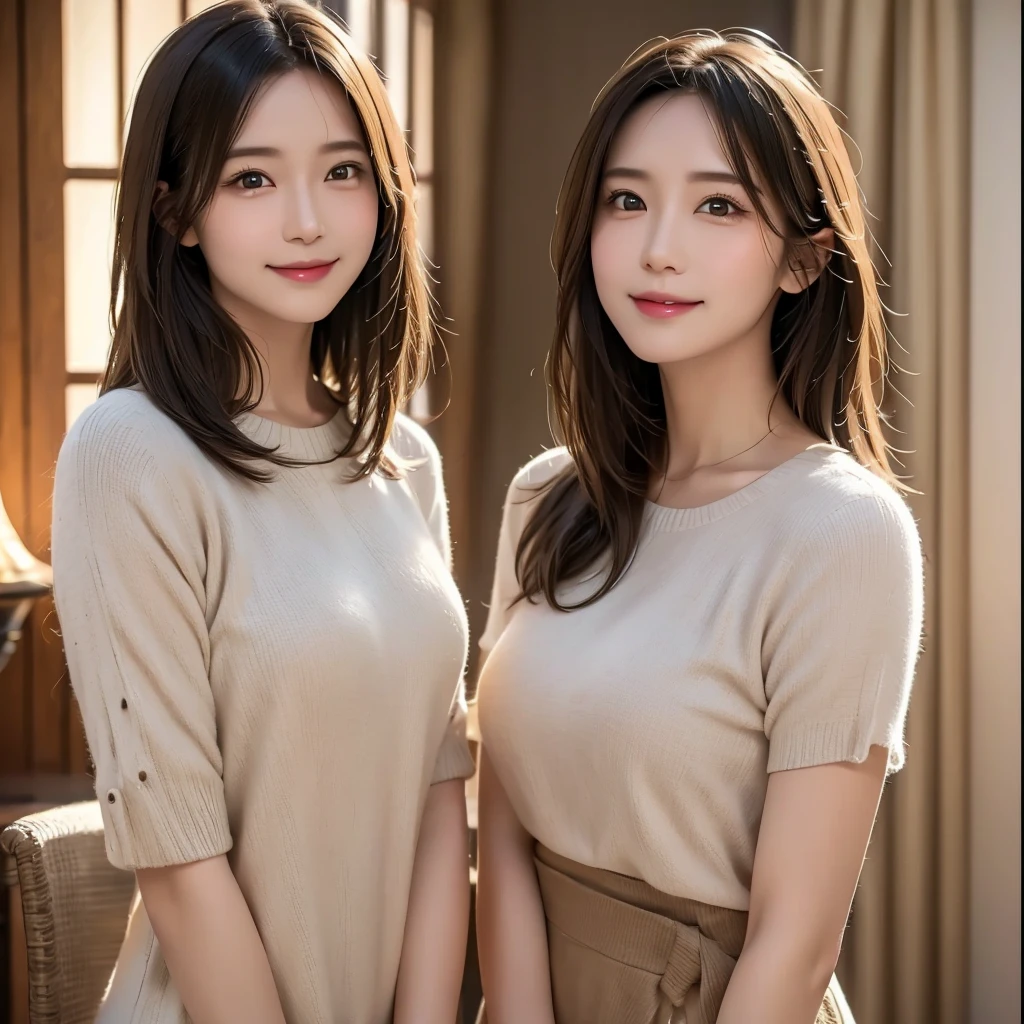 a gorgeous young woman, milf, casual outfit, smiling shyly with rosy cheeks, photorealistic, high quality, cinematic lighting, dynamic composition, natural skin tones, detailed facial features, beautiful eyes, lush hair, elegant dresses, warm colors, soft lighting, intimate atmosphere, romantic ambiance, masterpiece, 4k, ultra-detailed