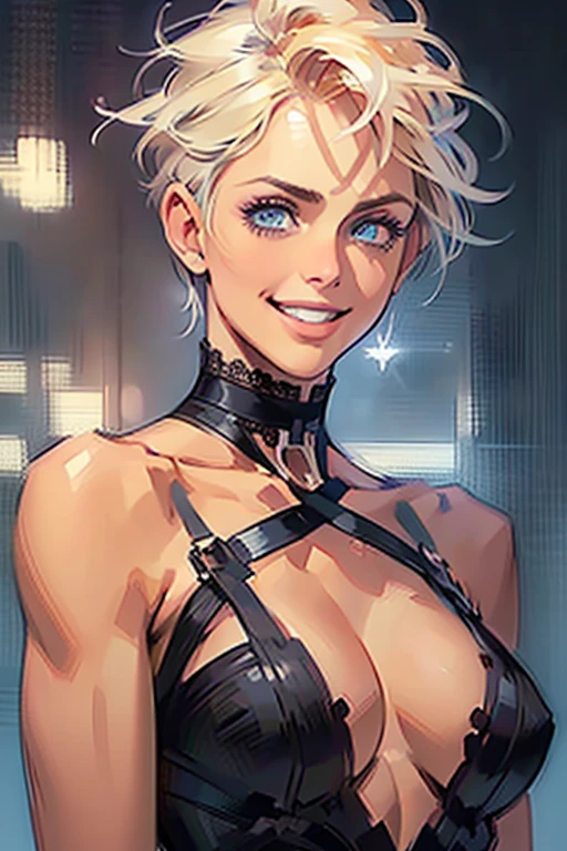 (rule of thirds:1.4), ((ultra realistic illustration:1.2)),Athletic blonde woman, blue eyes, (short hair), tomboy, cute, ((smile)), sexy, smoky eye, choker, sheer lace black minidress, high heels.Masterpiece, best quality,(highly detailed:1.2),(detailed face and eyes:1.2), 8k wallpaper, depth of field, natural lighting. core shadows, high contrast, bokeh.