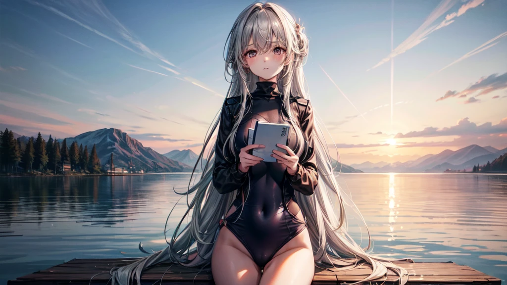 One Girl, Calm expression, Attractive eyes, length, Pale pink straight hair, Sky blue turtleneck swimsuit, Calm posture, Porcelain-like skin, A faint blush, (Edge lighting): 1.2, Warm tones, Sunburst, Soft Shadows, Bright colors, Picture Effects, Dream-like atmosphere BREAK Beautiful lake, Distant Mountain々, salsa, Calm sea, reflection, Sunlit clouds, Quiet atmosphere, Beautiful sunset, Very detailed, Official Art, unity wallpaper 8k, Tangled, Mandala,Reading a book