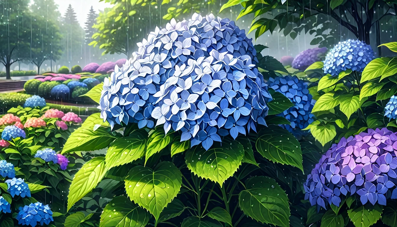 a beautiful blooming hydrangea garden in a rainy park, soft lighting, vivid colors, (best quality,8k,highres,masterpiece:1.2),ultra-detailed,(realistic,photorealistic,photo-realistic:1.37),vibrant colors,dramatic lighting,intricate details,cinematic composition,long shot