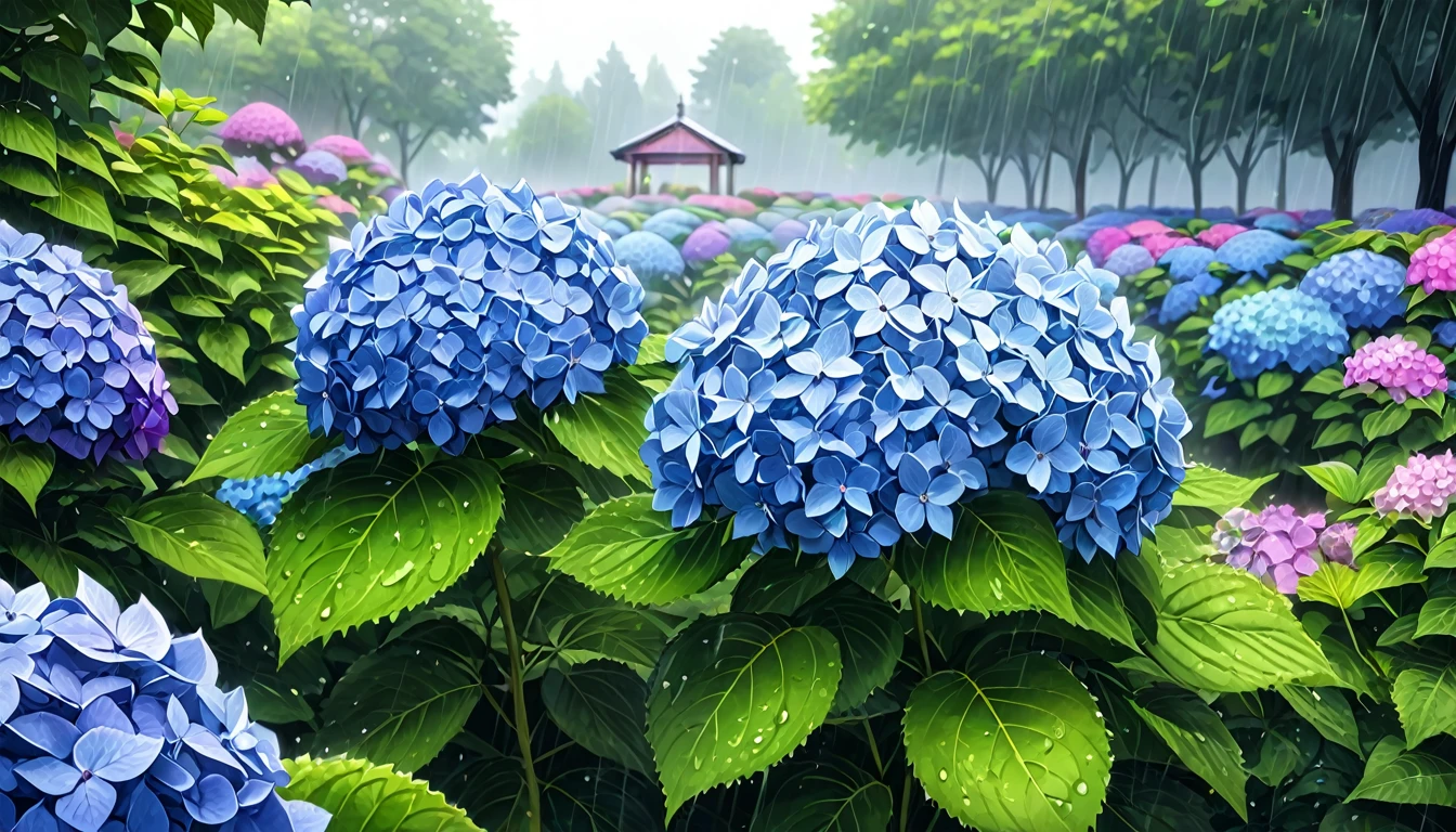 a beautiful blooming hydrangea garden in a rainy park, soft lighting, vivid colors, (best quality,8k,highres,masterpiece:1.2),ultra-detailed,(realistic,photorealistic,photo-realistic:1.37),vibrant colors,dramatic lighting,intricate details,cinematic composition,long shot