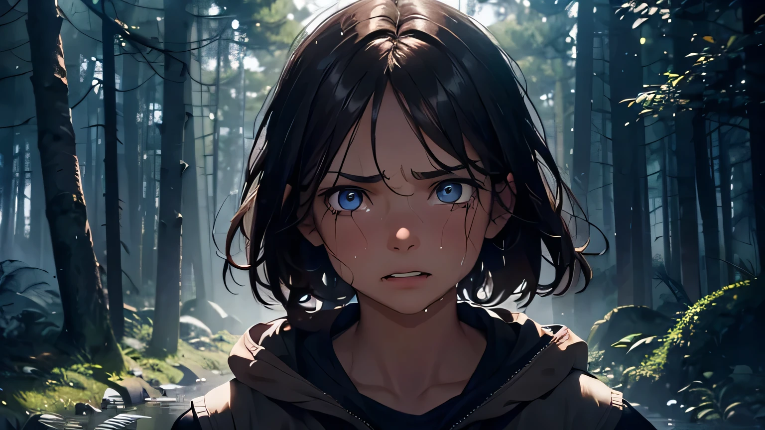 7 year old girl, dark brown hair, blue eyes, scared expression, CRYING AND SCREAMING DESPERATELY poor brown clothes, lost in a dark forest, AT NIGHT dense foliage, moonlight, shadows, fog, (best quality, 4k, 8k, high resolution, masterpiece: 1.2), ultra-detailed, (realistic, photorealistic, photorealistic: 1.37), highly detailed face, hyperrealistic, dramatic lighting, moody atmosphere, cinematic composition, muted color palette, chiaroscuro lighting