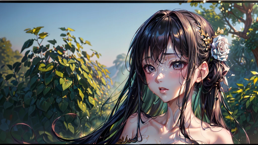(8k, Highest quality, masterpiece)，{Realistic, RAW Photos, Super Fine Clear, Portraiture, (oil, Delicate brushwork, Small touches, Beauty Painting, Yasutomo Oka&#39;s painting style:1.6)}, Realistic Light, Detailed skin, (Beautiful woman with slim body, Age 25, Greek Goddess:1.5), Thin legs, fine grain, Long white wavy hair, Detailed fingers, thin, Sexual, Expressions of Ecstasy, (Dynamic and sexy pose, Fascinating, Luxurious, Decadent, Sensual, Luscious,attractive:1.6), (Huge bouncy firm bust:1.8), (Sexy see-through long dress,:1.2),(The dress has a wide opening at the chest;1.6), Exposing the breasts, Sweat, (Paradise, Rose Garden:1.6), Wide and beautiful view,
