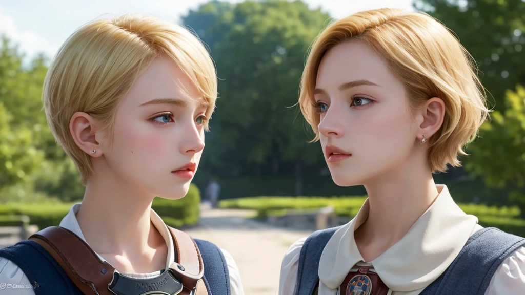 masterpiece, Highest quality, 4K, Highly detailed skin, Looking into the distance, Jealous, cute, One girl, short hair, Wearing Boo-Boo, Secret Society of Time Travelers, Blonde,